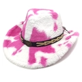 Pink and white cow print plush cowboy hat with vintage metal bull head accessory - M (56-58cm) / Heart Top / Rose Red Cow Print