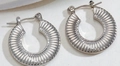 Irregular geometric silver stainless steel hoop earrings with pleated textured finish - Silver Style K7-86