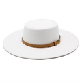 White wool felt flat top boater hat with 10cm wide brim and brown snake pattern leather band - M (56-58cm) / White