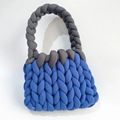 Handmade chunky knit bag in vibrant royal blue with dark grey braided top handles - Royal Blue + Dark Grey