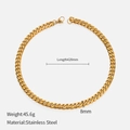 Flat lay of gold stainless steel Cuban chain necklace with dimensions and weight specs - 8mm-42cm / Gold