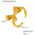 Detailed specs of golden bow ring in stainless steel with 12.9mm width and 3g weight - Size 7/Adjustable / Gold