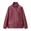 Classic burgundy red faux leather jacket with stand collar and functional front pockets - S / Rouge Red