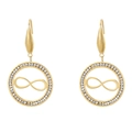 Golden infinity symbol drop earrings with sparkling pavé rhinestones in circular frame - Gold Infinity Style (KE79891-GC)