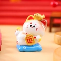 Cute white fortune cat figurine with gold fish and coin on a blue floral cushion - A150 Good Luck Cat / Extra Large Tray Display Series