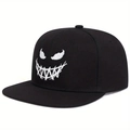 Unisex zwarte hip-hop honkbalpet met wit geborduurd kwaadaardig glimlach ontwerp - Expressie 5E-Venom Stijl
