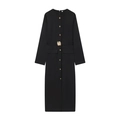 Elegant black long-sleeved midi dress with gold buttons and a stylish buckled waist belt - XS / Black