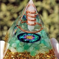 Orgone crystal pyramid with white quartz pillar, green aventurine, and flower of life symbol - XQK19 White Crystal Pillar Aventurine