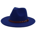 Close-up of royal blue wool fedora featuring a brown leather belt with silver metal buckle - M(56-58cm) / Royal Blue (3 Rivets)
