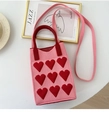 Pink knitted phone bag with red heart pattern and dual handles for women - Heart Pattern Red