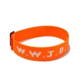 Detail of an orange woven W.W.J.D. bracelet with a black plastic clasp closure - Orange Printed