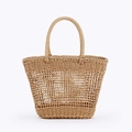 Borsa tote in paglia fatta a mano con design a rete traforata e manici in colore legno - Cammello Svuotata