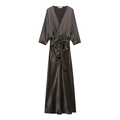 Elegant dark grey satin maxi dress with V-neck, kimono sleeves and waist tie belt - XS / Coffee