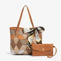 Μεγάλη τσάντα tote σε καφέ patchwork και ασορτί τσαντάκι με διακοσμητικό μαντήλι - Χακί με Καφέ