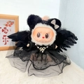 Dark lolita style plush doll outfit with black lace skirt and gothic feather wings - Headband Feather Black Angel Five-piece Set / First And Second Generation Keychains Are Compatible With La Cloth Dolls. Dolls Not Included.