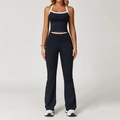 Zwarte yogaset met witte bies, haltertop en uitlopende broek met hoge taille - S / Boven- En Onderstuk / Premium Zwart (Top+Uitlopende Broek)