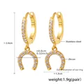 Detail of U-shape horseshoe drop earrings in gold stainless steel with pavé zircon stones - Gold Horseshoe Pendant