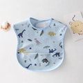 Waterproof baby bib with blue dinosaur print and food catcher pocket for toddler feeding - Pu No-wash Abdomen - Blue Dinosaur / One Size