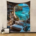 Bohemian tapestry featuring a vintage bookshelf and panoramic ocean view window for room decor - Gt202458