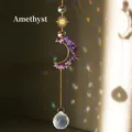 Golden moon sun catcher with natural amethyst crystals and faceted crystal ball prism - Amethyst