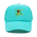 Detailed view of breathable mesh texture and cartoon frog print on trucker cap - Lake Blue