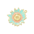 Detailed close-up of a sunflower pendant with turquoise and coral enamel and gold base - Blue Daisy