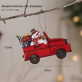 Christmas wooden red truck ornament with snowman and tree hanging on branch, 13x9.5cm - Wooden Christmas Car Style K (Snowman)