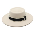 Elegant cream wool felt boater hat featuring a black grosgrain ribbon with white bead trim - Beige