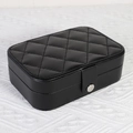 Portable black quilted faux leather jewelry box with a round silver metallic buckle - Upgrade Quilted Style (Black) / Black