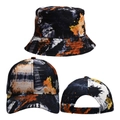 Detail of baseball cap and bucket hat combo with orange and black abstract ink pattern - Black Orange White Ink Splash Art Set (Style 8) / Baseball Cap + Bucket Hat