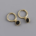 Close-up of S925 sterling silver gold plated hoop earrings with round black zircon charm - 925 Silver / Black Zirconia (Gold)