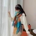 Thick colorful plaid scarf with orange, teal, purple hues and soft tassel details - Peacock Blue Orange Plaid