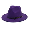 Detail of dark purple wool fedora hat featuring a black braided cord and bronze hardware - M (56-58cm) / Purple
