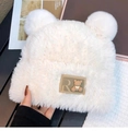 Cute beige plush knit beanie with bear ears and small brown patch detail - Violence Bear-White