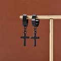 Close-up of matte black stainless steel huggie earrings with cross pendants on a display - Black (C-3)