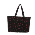 Large capacity black tote bag with cherry print and convenient front pocket - Black