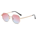 Detailed side view of octagonal gold metal frame sunglasses with gradient lenses - Gold Frame Pink Blue Lens