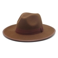 Brown wide brim wool fedora hat with dark red ribbon band and leather bound edge - M (56-58cm) / Brown