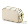 Three-layer beige genuine leather coin purse with golden zippers and keychain ring - Milk White