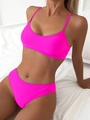 Neon pink bikini set with minimalist athletic top and medium-waisted bottoms on white fabric - S / Rose Red