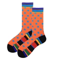 Detail of orange mid-calf cotton socks with blue dots and colorful striped patterns - 38-46 / Orange Blue Dots Color Block
