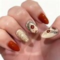 Almond press-on nails with autumn flower patterns in caramel orange and off-white tones - Vintage Floral Style (CW819)