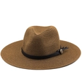 Cappello da cowboy in paglia marrone a tesa larga con fascia in pelle e fibbia retrò - M(56-58cm) / caffè