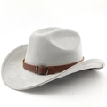 Detail eines hellgrauen Western-Cowboyhuts aus Wollfilz mit braunem Kunstleder-Schnallenband - M (56-58cm) / Hellgrau