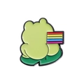 Enamel frog pin badge featuring a green frog on a lotus leaf holding a rainbow flag - Frog with Rainbow Flag