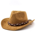 Brown western cowboy hat with colorful braided band and wide brim in felt material - Khaki