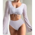 Two-piece white high-waisted swimsuit featuring sheer mesh long sleeves and front drawstring - S / White