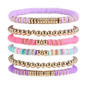 Set de seis pulseras bohemias con cuentas Heishi de arcilla de colores y detalles dorados - Juego Púrpura Rosa Arcoiris (Set de 6)