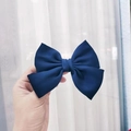 Elegant navy blue large satin bow hair clip with a smooth silk-like finish for women - Kids Duckbill Clip / Navy Blue