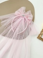 Pink bridal veil headband for kids with large bow and silver crown ornament - Light Pink Crown Headband